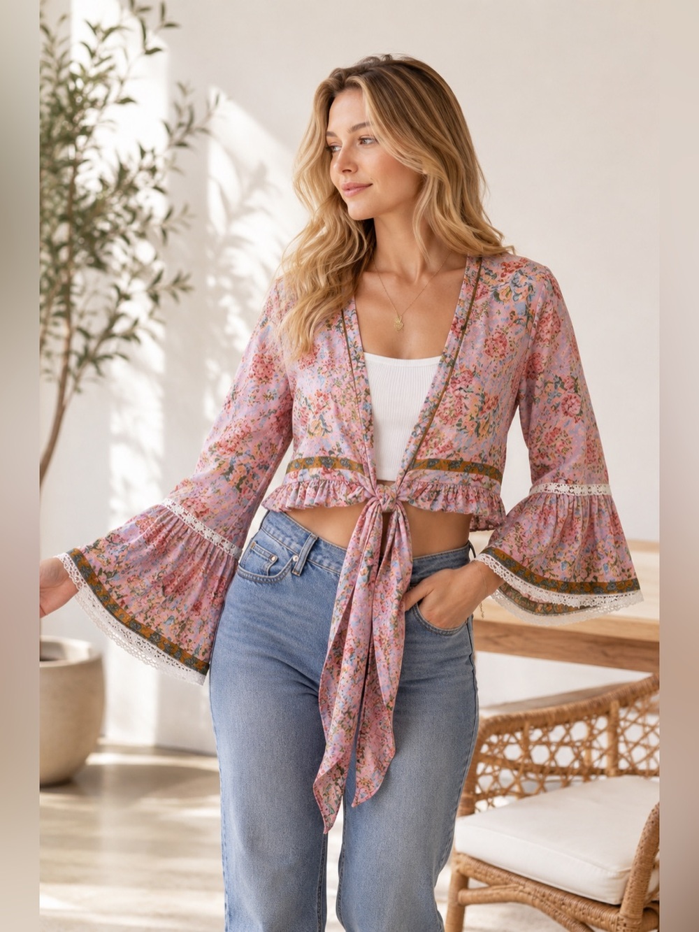 Karma Highway Floral Tie Front Bell Sleeve Boho Crop Top OS NWT